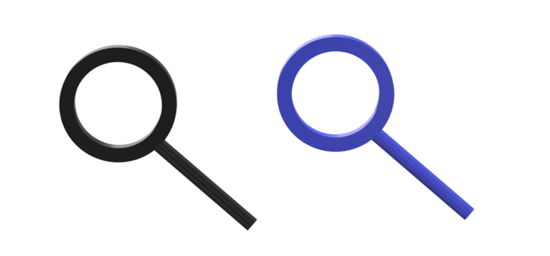 A black and blue magnifying glass side by side  a digital rendering png
