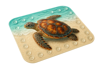 A suction cup mat featuring a sea turtle design for a beach house bathroom.