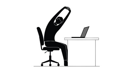 Silhouette of a person sitting at a desk and stretching their arms overhead while using a laptop computer