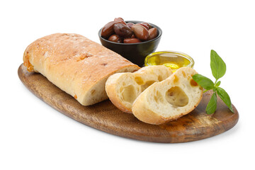 Fresh cut ciabatta, oil, olives and basil isolated on white