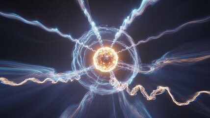 Abstract glowing energy sphere with radiating electric blue and orange light tendrils image photo
