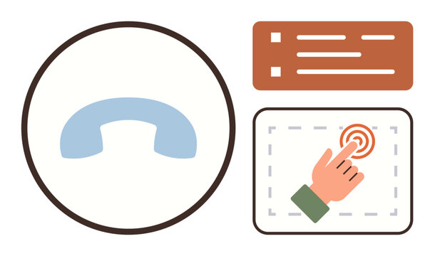 Blue phone receiver in circle, touch interaction pointing at button design, minimal text cards. Ideal for communication, technology, contact, user interface, UX design, networking customer service - Powered by Adobe