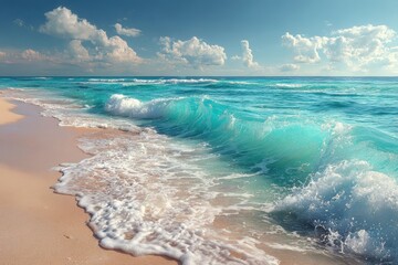 Scenic beachscape featuring rocky cliffs, sandy shore, and gentle turquoise waves under a bright blue sky in Algarve, Portugal