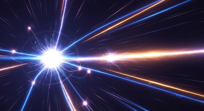Abstract representation of light streaks and energy emanating from a central bright source in a dark space.