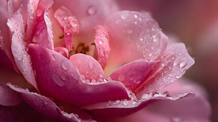 Pink rose petals with morning dew drops close-up
