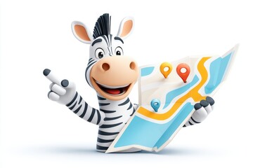 Naklejka premium Cheerful cartoon zebra with a map