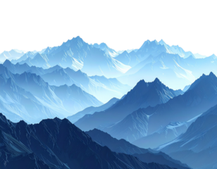 A realistic wide mountain range viewed from afar, soft blue-gray tones fading into the distance, subtle light and shadow  cleanly on transparent background, Generative AI 