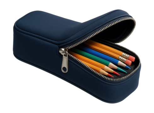 Zippered pencil case for easy transport of pens and pencils in a backpack.