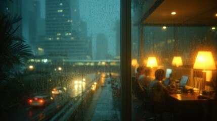 A rainy urban scene viewed from an office, highlighting warm interior lights against a moody backdrop.
