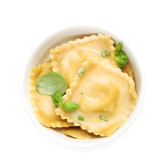 Delicious ravioli with basil in bowl isolated on white, top view