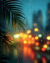 Raindrops on a window with blurred city lights and palm leaves in the foreground.