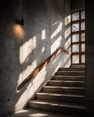 Stairs illuminated by light, showcasing a blend of concrete and wooden textures.