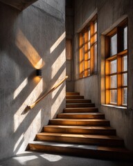 Staircase illuminated by natural light, showcasing shadows and textures of wood and walls.