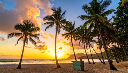 Tropical beach sunset with palm trees and vibrant sky.