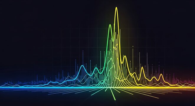 Dynamic glowing sound wave visualization with a colorful spectrum on a dark background, illustrating data analysis or audio frequencies. - Powered by Adobe