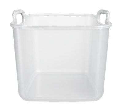 Spacious translucent storage bin with durable handles, ideal for winter clothing in