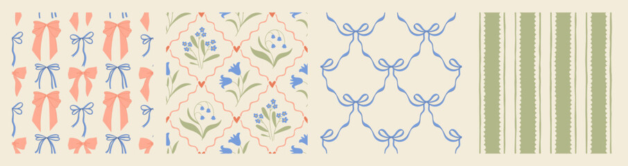 Hand drawn coquette seamless pattern collection with a charming floral whimsical design. Soft, pastel and nostalgic, perfect for textiles, wallpaper, wrapping paper and romantic vintage decor.