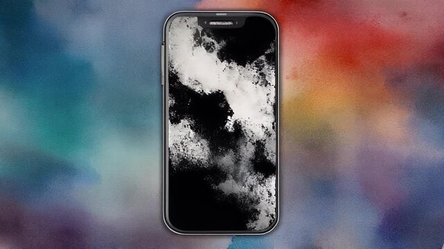 A sleek smartphone features an abstract black and white splash wallpaper set against a vibrant, multi-colored gradient background.
