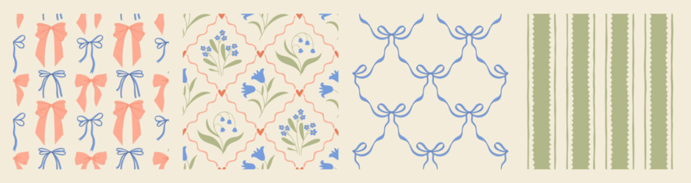 Hand drawn coquette seamless pattern collection with a charming floral whimsical design. Soft, pastel and nostalgic, perfect for textiles, wallpaper, wrapping paper and romantic vintage decor.