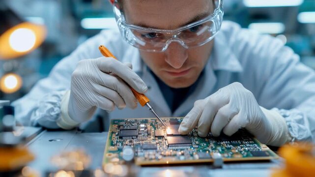 Skilled Technician Working on Electronic Circuit Board with Precision Tools in High-Tech Lab Environment