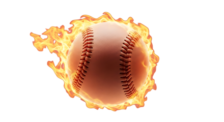Baseball engulfed in bright orange and yellow flames with detailed stitching, cutout, PNG isolated on white or transparent background