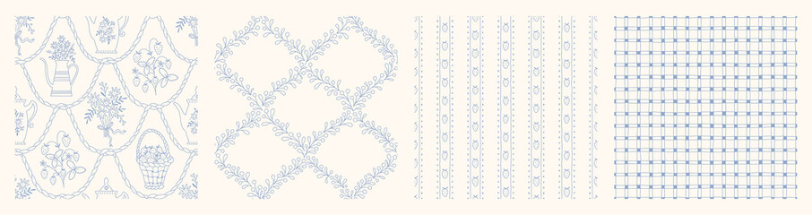 Hand drawn cottage core seamless pattern collection with a charming whimsical floral and ribbon bow design. Soft blue pastel and nostalgic print. Perfect for textiles and romantic vintage decor.