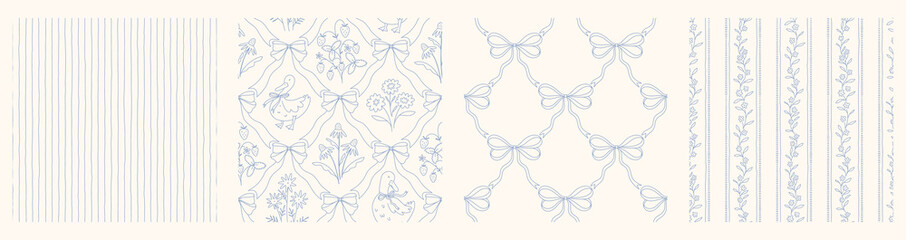 Hand drawn cottage core seamless pattern collection with a charming whimsical floral and ribbon bow design. Soft blue pastel and nostalgic print. Perfect for textiles and romantic vintage decor.