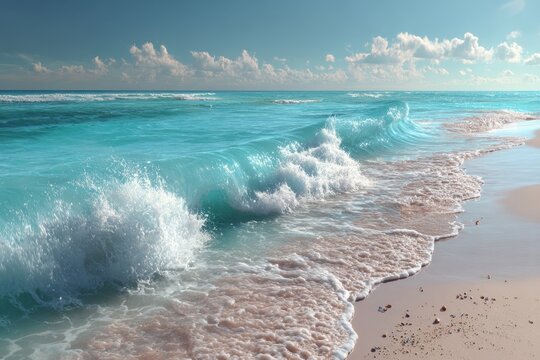Scenic beachscape featuring rocky cliffs, sandy shore, and gentle turquoise waves under a bright blue sky in Algarve, Portugal