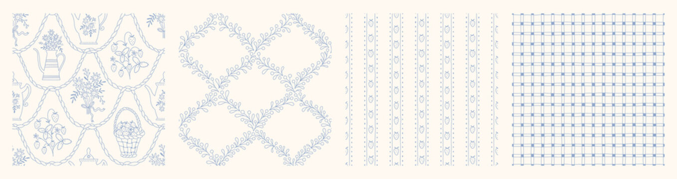 Hand drawn cottage core seamless pattern collection with a charming whimsical floral and ribbon bow design. Soft blue pastel and nostalgic print. Perfect for textiles and romantic vintage decor.