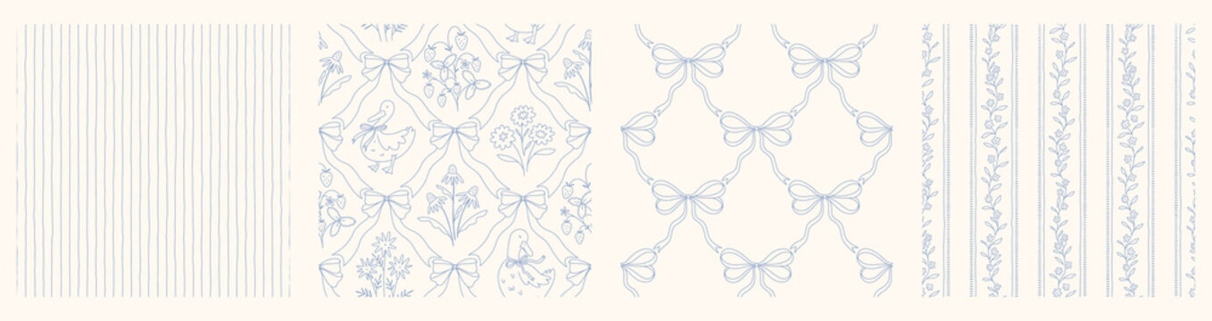 Hand drawn cottage core seamless pattern collection with a charming whimsical floral and ribbon bow design. Soft blue pastel and nostalgic print. Perfect for textiles and romantic vintage decor.