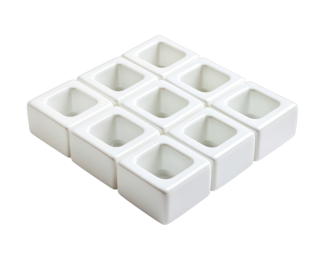 Nine White Square Ceramic Containers Arranged in a Grid Pattern on a Transparent Background