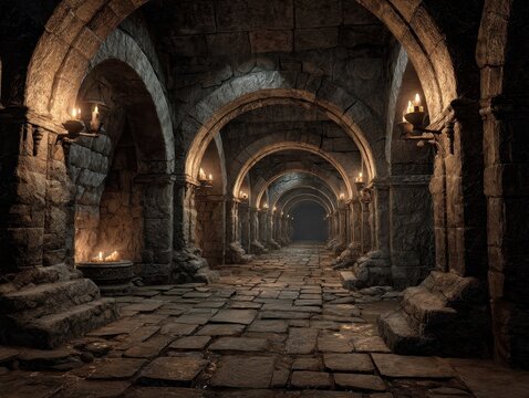 Mysterious Stone Dungeon Hallway with Arched Ceilings and Candle Sconces Illuminating a Long, Empty Underground Corridor Ancient Castle Crypt Passage
