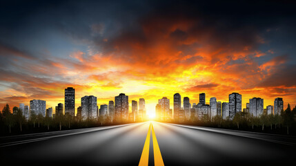 Highway leading to the city horizon at sunset