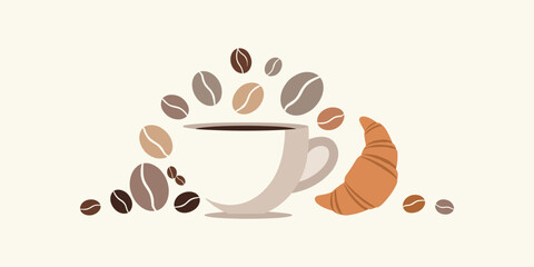A charming flat illustration depicting a delightful morning scene with a stylized coffee cup, aromatic coffee beans, and a freshly baked croissant, perfect for breakfast themes and cafe designs