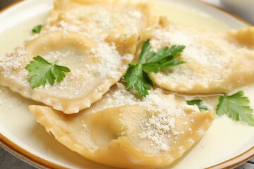 Delicious ravioli with cheese and parsley on plate, closeup
