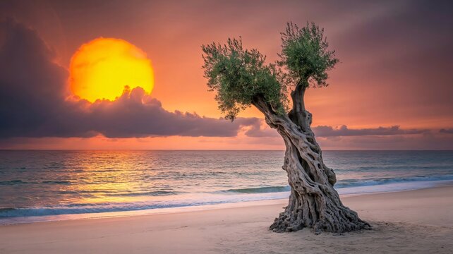 Ancient Twisted Olive Tree on a Sandy Beach at Sunset ancient tree twisted tree