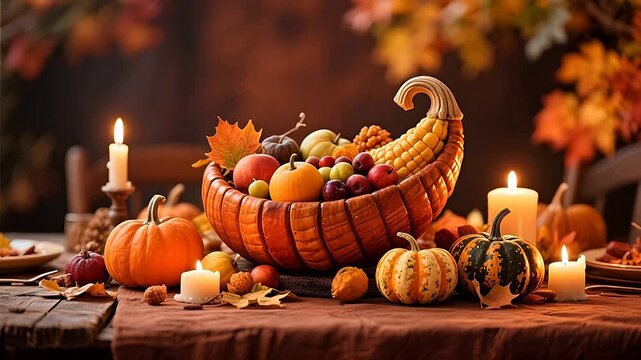 Autumn harvest cornucopia with fruits and candles