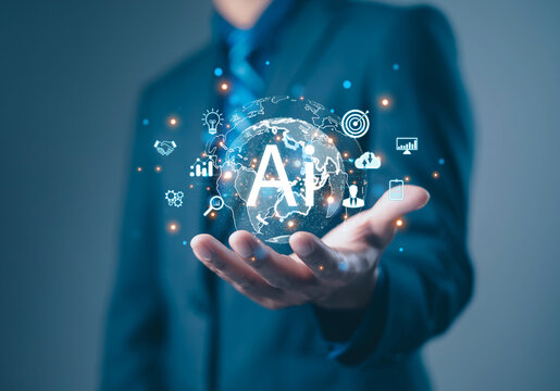Businessman holding digital globe with AI technology icons, representing artificial intelligence, innovation, data analytics, and future business transformation in the modern digital world.
