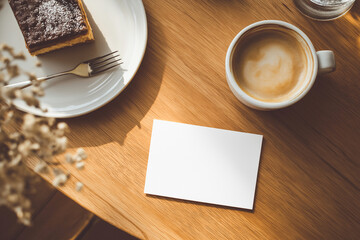 カフェテーブルに置かれた名刺モックアップとコーヒー