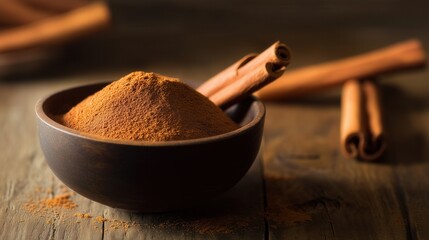 Ground cinnamon powder in a wooden bowl with cinnamon sticks. Generative AI