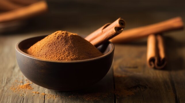 Ground cinnamon powder in a wooden bowl with cinnamon sticks. Generative AI