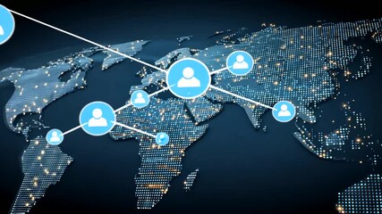 A globe graphic depicting digital connections, people icons, and a mesh of glowing lights on a dark background - Powered by Adobe