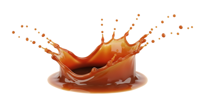 Caramel liquid splash crown shape with droplets, cutout, PNG isolated on white or transparent background
