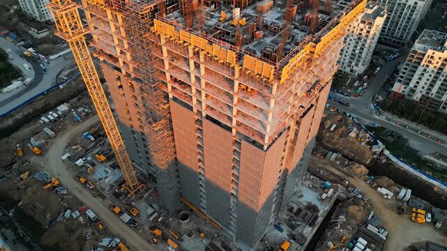 crane towers over building under construction. concrete rooftop contains rebar and scaffold. equipment surrounds tower core. site activity centers on structural frame and material staging. pallet