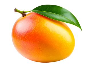  A highly detailed, photorealistic ripe mango with smooth orange-yellow skin and a single green leaf attached to the stem, on transparent background, Generative AI 