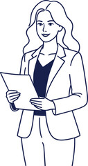 Business professional vector illustration holding paper, corporate character design, office attire blazer, minimal line drawing, presentation reading flat artwork