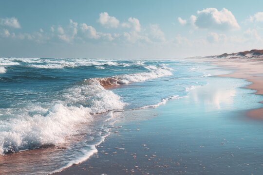Scenic beachscape featuring rocky cliffs, sandy shore, and gentle turquoise waves under a bright blue sky in Algarve, Portugal - Powered by Adobe