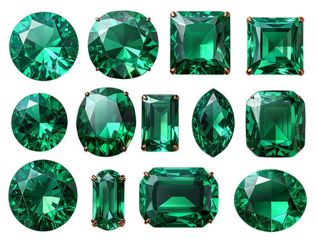 A 3D-style collection of green emerald gemstones in assorted cuts and shapes — round, oval, and square — sparkling with light reflections and realistic faceting, arranged neatly and Generative AI 