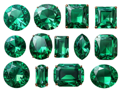 A 3D-style collection of green emerald gemstones in assorted cuts and shapes — round, oval, and square — sparkling with light reflections and realistic faceting, arranged neatly and Generative AI