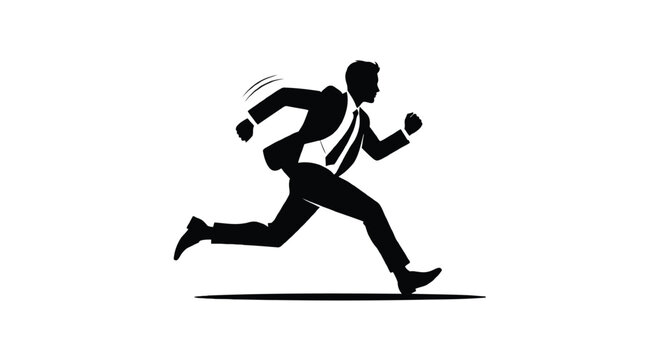Silhouette of a businessman in a suit running forward with determination and speed against a white background